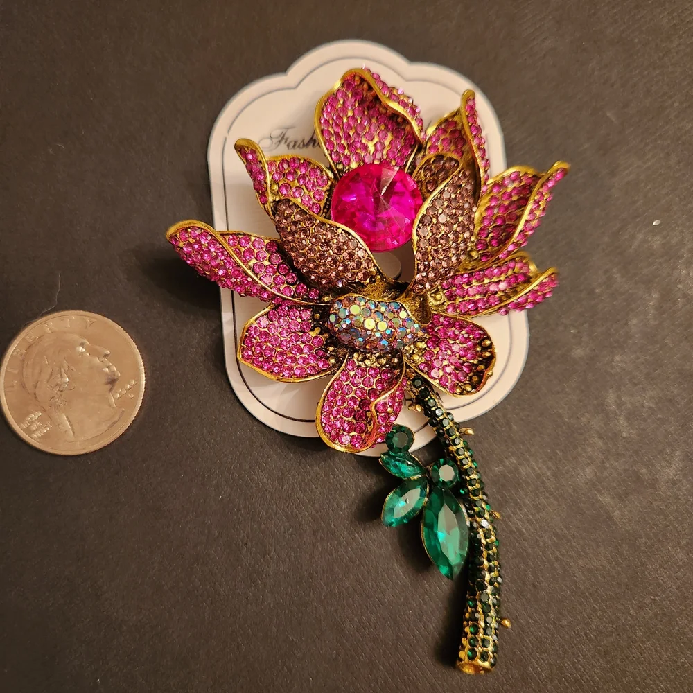 Rhinestone Chunky Statement Pink and Green Floral Brooch New Fashion Trendy